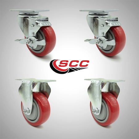 Service Caster 3.5 Inch SS Red Polyurethane Top Plate Caster Set with 2 Brake 2 Rigid SCC SCC-SS20S3514-PPUB-RED-TLB-2-R3514-2